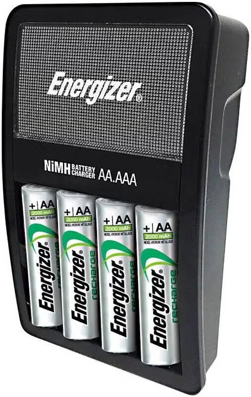 شارژر باتری نیم‌هیدرید فلز نیکل Energizer Recharge Value، جریان شارژ "AA" 260-300mA و "AAA" 120-150mA، کنترل زمان ~11 ساعت، تشخیص Delta V، مشکی / سفید | CHVCM4