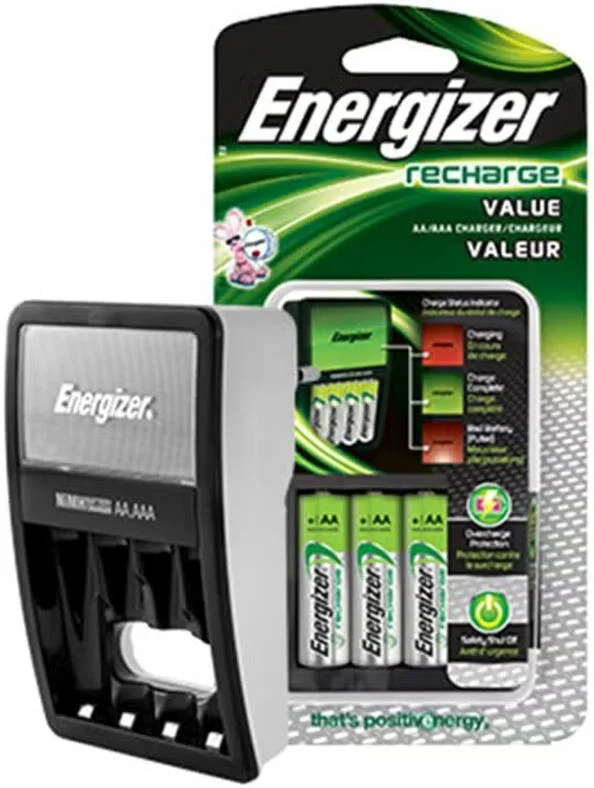 شارژر باتری نیم‌هیدرید فلز نیکل Energizer Recharge Value، جریان شارژ "AA" 260-300mA و "AAA" 120-150mA، کنترل زمان ~11 ساعت، تشخیص Delta V، مشکی / سفید | CHVCM4