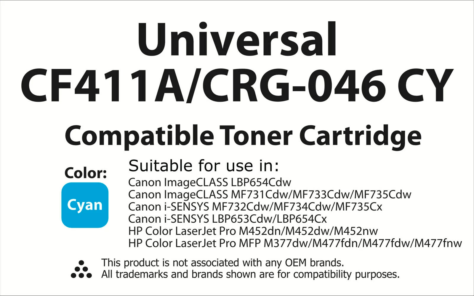 کارتریج تونر جایگزین پریمیوم تونرینکو سازگار با HP CF410A, 410X, CF410X, HP Color LaserJet Pro M477fdw, M477fnw, M477fdn, M452nw, M377dw (فیروزه ای یونیورسال CF411A/CRG-046 CY) | CRG-046 CY