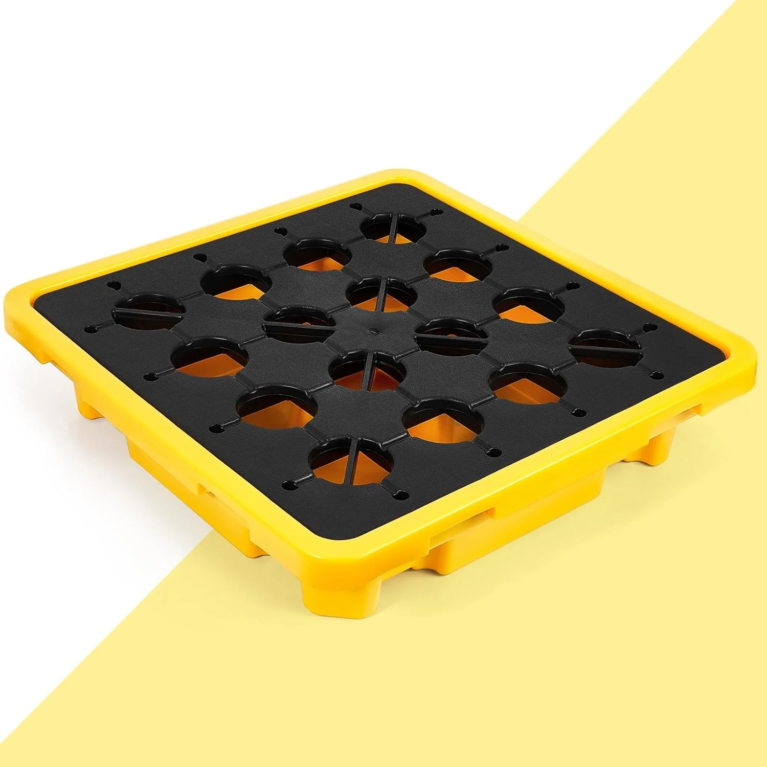 سکوی مهار نشت تایل، پالت مهار نشت ماژولار زرد و مشکی با زهکشی، ظرفیت 1 بشکه، 67x67x15 سانتی متر (1 عدد)