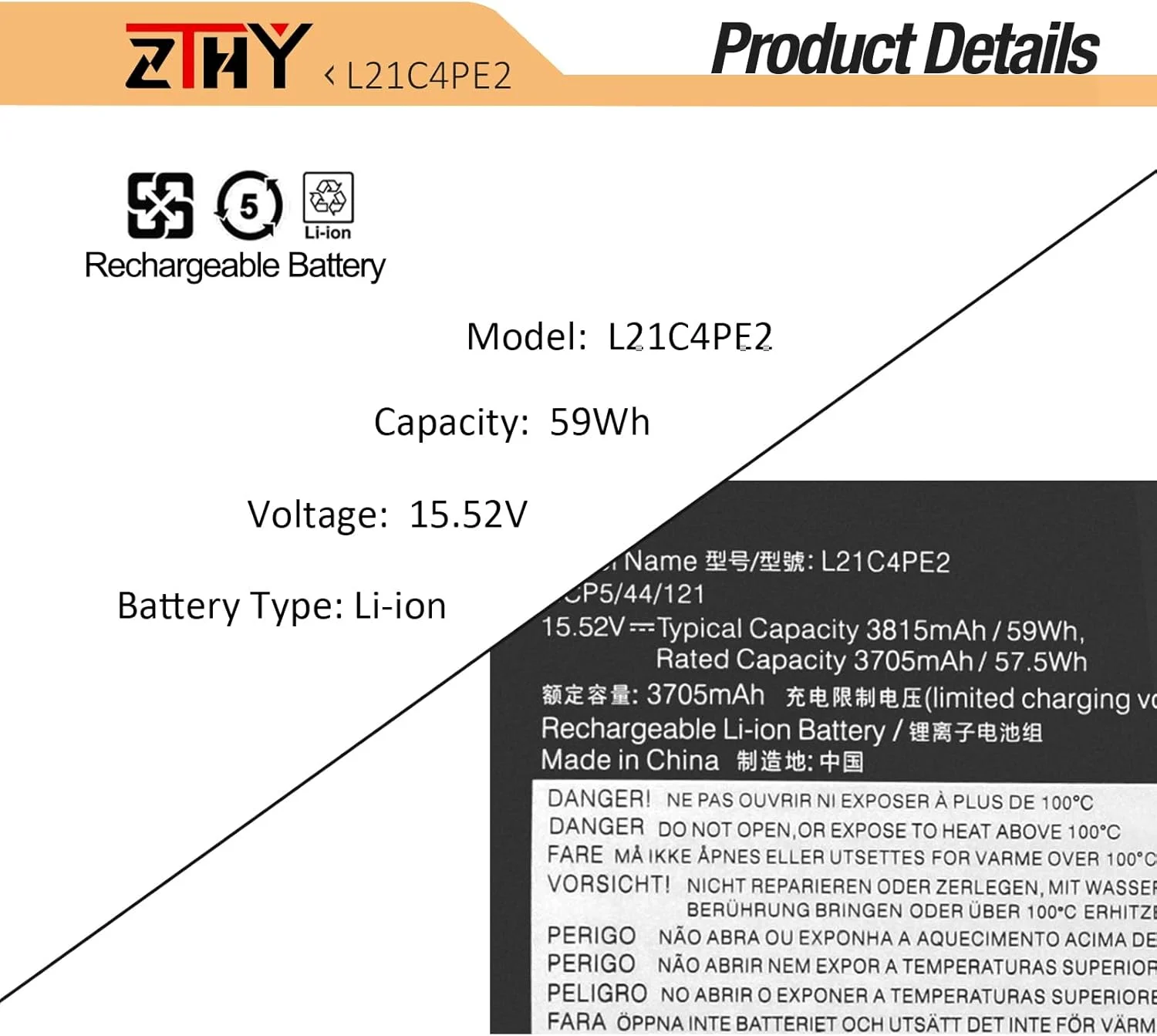 باتری جایگزین لپ تاپ ZTHY مدل L21M4PE2 برای لنوو Yoga 6-13ALC7 82UD / Yoga 6-13ABR8 83B2 سری L21C4PE2 L21D4PE1 L21L4PE2 SB11F29412 5B11F29411 SB11F29410 15.52V 59Wh 3815mAh 4-Cell