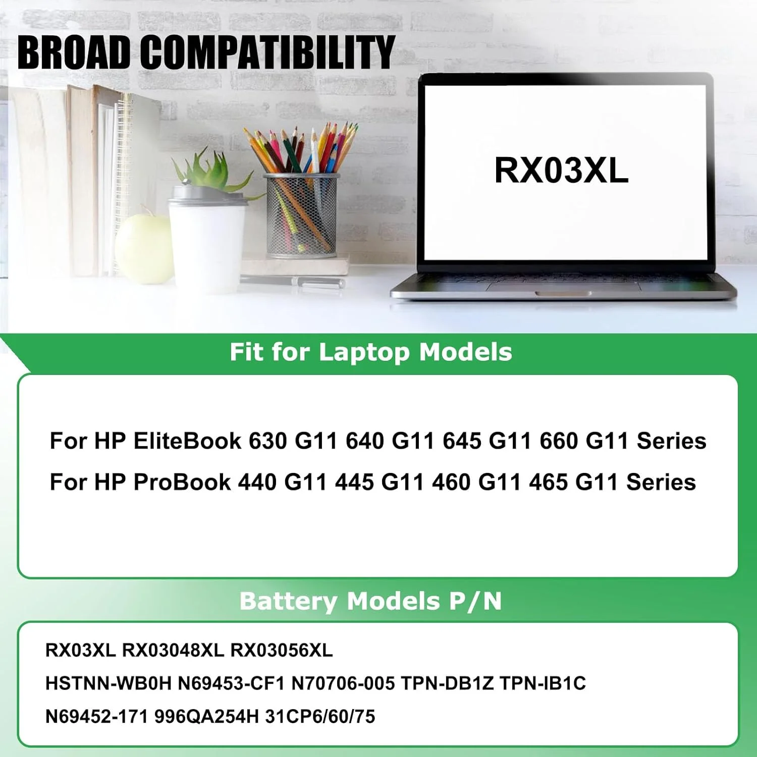 باتری جایگزین لپ تاپ RX03XL برای لپ تاپ های سری HP EliteBook 640 G11 645 G11 630 G11 660 G11 ProBook 440 G11 445 G11 460 G11 465 G11 مدل TPN-DB1Z N78704-005، ولتاژ 11.58 واتی، توان 56.04 وات ساعت و ظرفیت 4646 میلی آمپر ساعت
