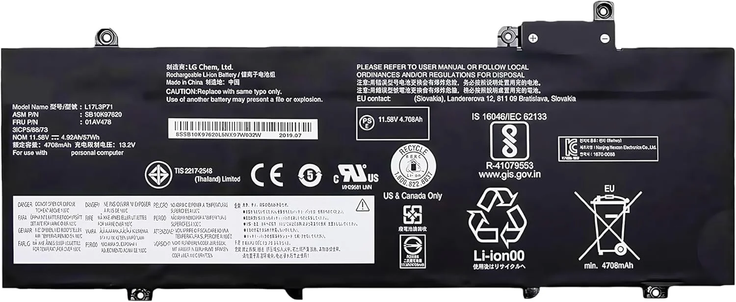 باتری لپ تاپ 57Wh L17L3P71 جایگزین برای لپ تاپ Lenovo ThinkPad T480S Series مدل های 01AV478 SB10K97620 01AV479 SB10K97621 L17M3P72 01AV480 SB10K97622 11.58V 57Wh 4920mAh با عملکرد بالا باتری لپ تاپ 57Wh L17L3P71 جایگزین برای لپ تاپ Lenovo ThinkPad T480S Series مدل های 01AV478 SB10K97620 01AV479 SB10K97621 L17M3P72 01AV480 SB10K97622 11.58V 57Wh 4920mAh با عملکرد بالا