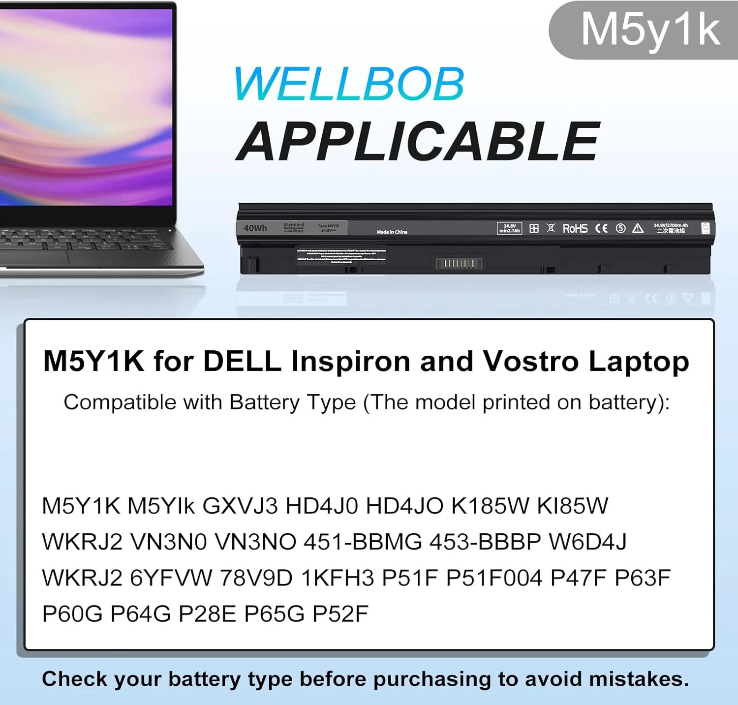 باتری M5Y1K مناسب برای دل Inspiron 5559 5558، برای دل Inspiron 15 سری 3000 و 5000 مدل های 3558 3567 5555 5566 5759، سازگار با باتری لپ تاپ دل K185W GXVJ3 M5y1k 14.8V 40Wh