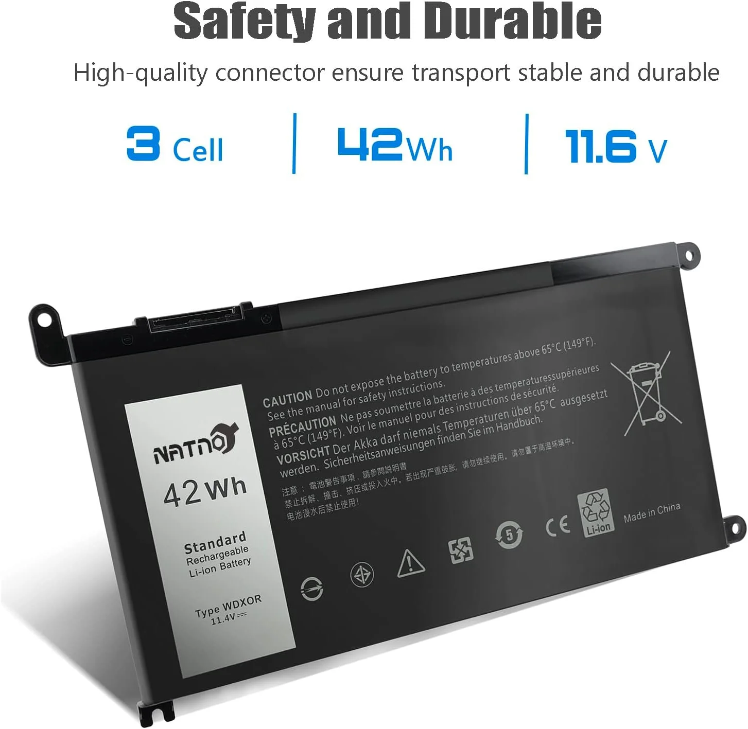 باتری لپ تاپ WDX0R برای سری های Dell Inspiron 13-5000، 15-5000، 15-7000، 17-5000، 7378، 7368، 5368، 5378، 5379، 7560، 7569، 7570، 7579، 5565، 5567، 5568، 5578، 5767، 5765 [42 وات ساعت، 11.4 ولت، 4 سلول]