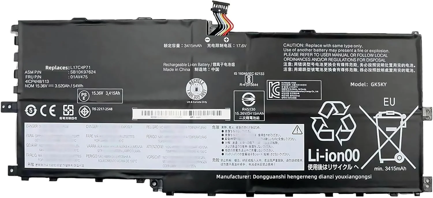 باتری لپ تاپ 54Wh 01AV475 L17C4P71 SB10K97624 جایگزین برای لنوو ThinkPad X1 Yoga نسل سوم 2018 سری L17M4P71 SB10K97623 01AV474 L17M4P73 SB10K97638 01AV499 02DL003 با عملکرد بالا