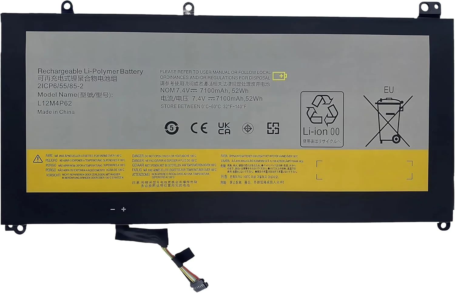 باتری لپ تاپ 52Wh L12M4P62 جایگزین برای لنوو Ideapad U530 Touch 80AS U530-20289 سری نوت بوک 121500199 L12L4P62 121500200 7.4V 7100mAh 4 سلولی (کابل بلند) با عملکرد بالا