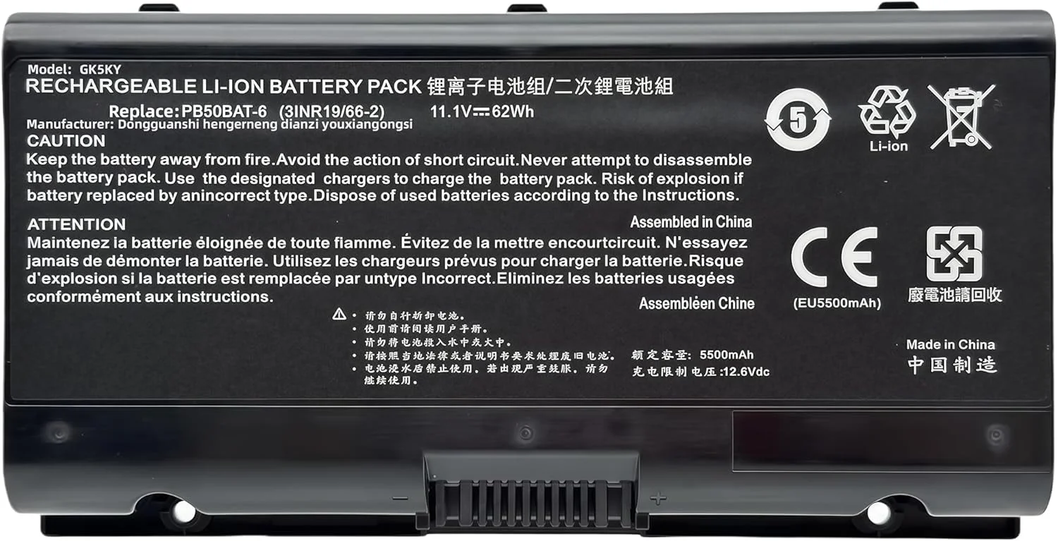 باتری لپ تاپ 62Wh PB50BAT-6 جایگزین برای Clevo PB51RF-G PB70EF-G PB71EF-G برای PowerSpec 1720 1520 برای Sager NP8371 PB50BAT-6-62 6-87-PB50S-61D00 3INR19/66-2 با عملکرد بالا