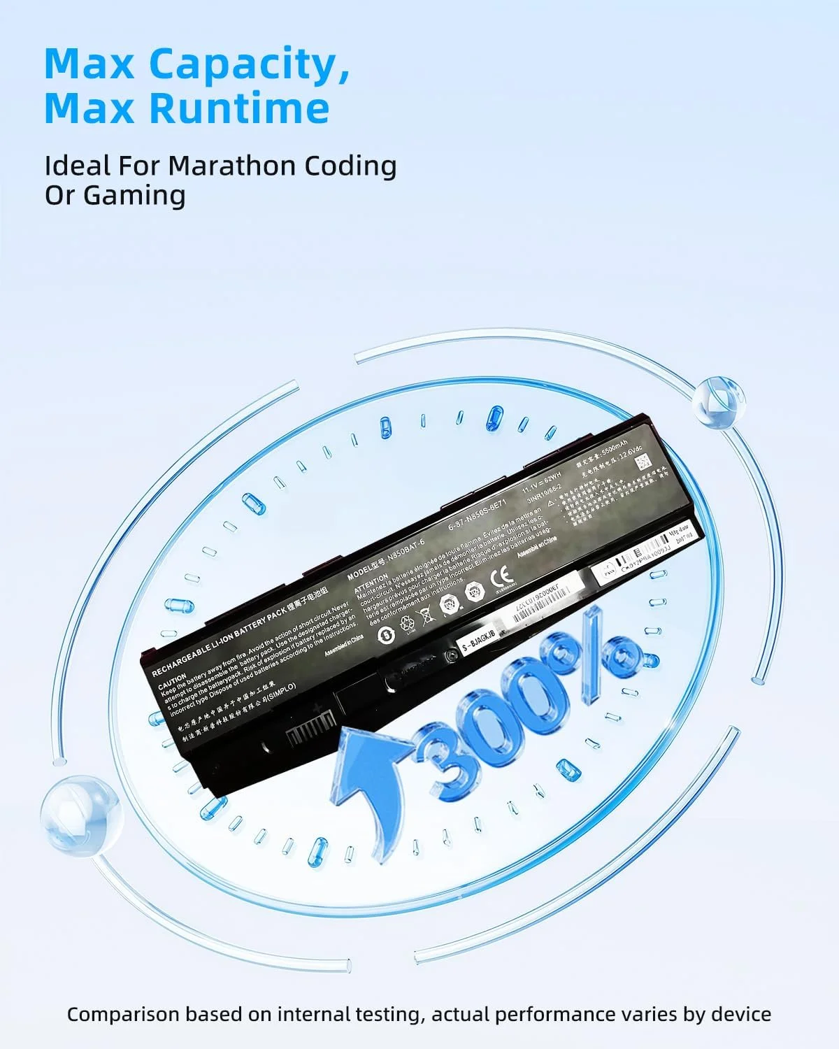 باتری جایگزین N850BAT-6 62Wh برای لپتاپهای CLEVO N870 N870HK Z6-KP Z6-KP5GT Z7M-KP Z7M-KP7G1 T58-T1 T6TI Series، 6-87-N850S-6E71 6-87-N850S-4U41 11.1V 5500mAh با عملکرد بالا باتری جایگزین N850BAT-6 62Wh برای لپتاپهای CLEVO N870 N870HK Z6-KP Z6-KP5GT Z7M-KP Z7M-KP7G1 T58-T1 T6TI Series، 6-87-N850S-6E71 6-87-N850S-4U41 11.1V 5500mAh با عملکرد بالا