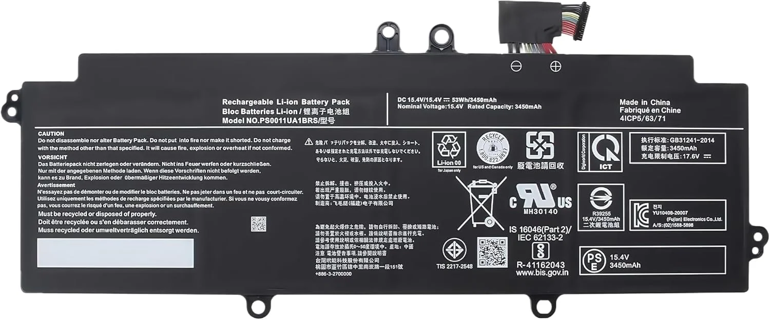 باتری لپ تاپ 53Wh PS0011UA1BRS جایگزین برای Toshiba Dynabook Portege X30L-J PCR10A-009003 PCR10L-13L011 PCR10T-04N00X PCR12U Series 4ICP5/63/71 (15.4V 3450mAh 4 سلولی) با عملکرد بالا