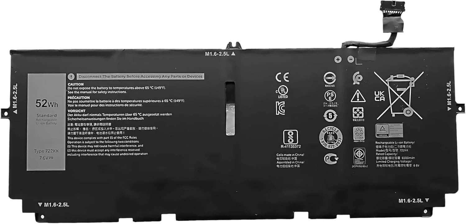 باتری لپ تاپ 52Wh 722KK جایگزین برای Dell XPS 13 9300 (نسخه 2020) XPS 13 9310 (نسخه 2020) XPS 13 9380 (نسخه 2020) سری P117G 02XXFW 2XXFW 0WN0N0 WN0N0 FP86V با عملکرد بالا