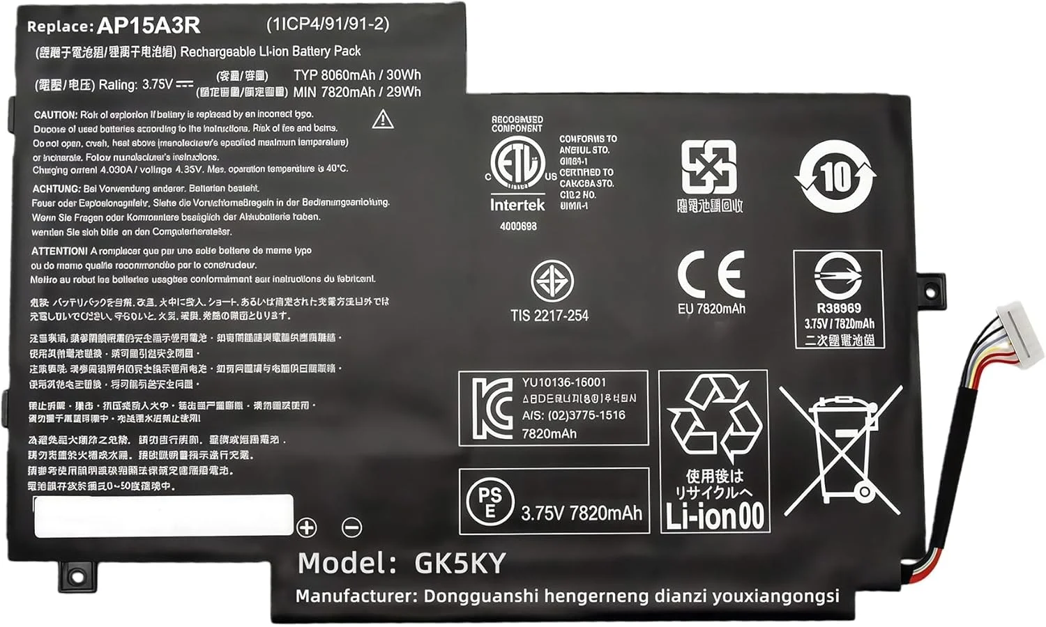 باتری لپ تاپ جایگزین 30Wh AP15A3R KT.00203.009 1ICP4/91/91-2 برای Acer برای Aspire Switch 10 SW3-013 SW3-013P سری عملکرد بالا