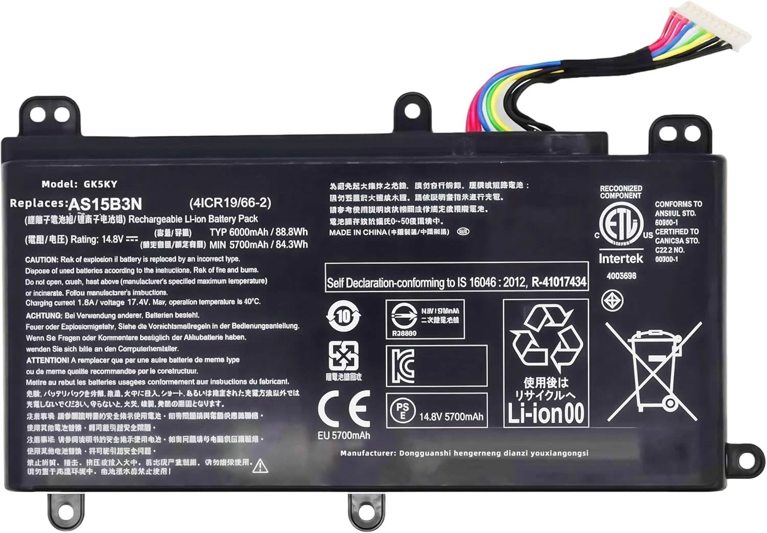 باتری لپ تاپ جایگزین 88.8Wh 6000mAh AS15B3N KT.00803.004 4ICR19/66-2 برای لپ تاپ های سری Acer Predator G9-591 G9-592 G9-791 G9-792 GX-791 14.8V با عملکرد بالا