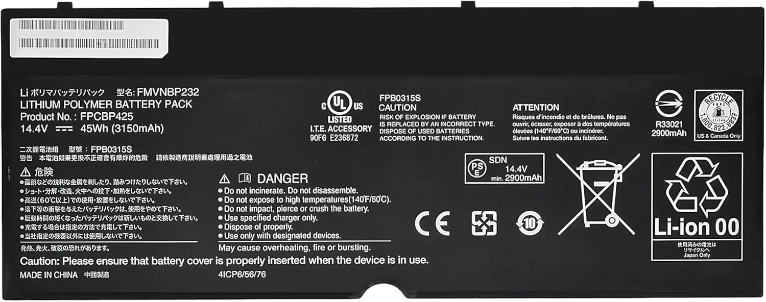 باتری لپ تاپ 45Wh FPCBP425 جایگزین برای نوت بوک های سری Fujitsu LifeBook T904 T935 T936 U745 مدل های FMVNBP232 FPB0315S 14.4V 3150mAh با عملکرد بالا