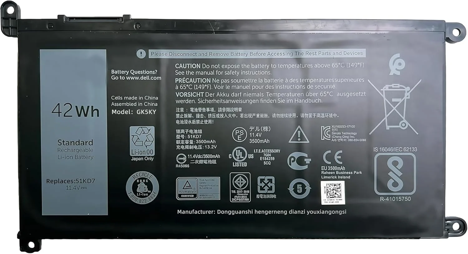باتری 42Wh 51KD7 جایگزین برای دل کروم بوک 11 3180 3189 5190 3181 2-در-1، لپ تاپ های سری 14 3400 FY8XM Y07HK P28T001 11.4V با عملکرد بالا