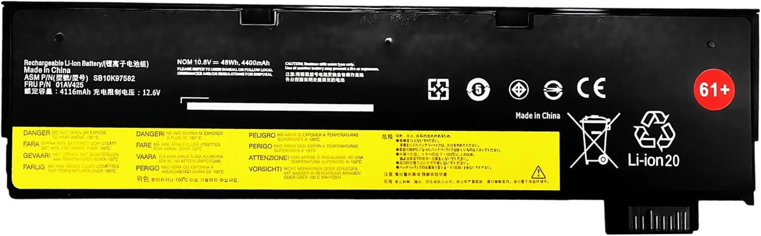 باتری لپ تاپ 48Wh 61+ مدل 01AV425 مناسب برای لنوو ThinkPad سری T480 T580 T470 T570 A475 A485 P51S P52S TP25 مدل های 61 61++ 01AV423 01AV425 01AV422 01AV424 01AV452 با عملکرد بالا