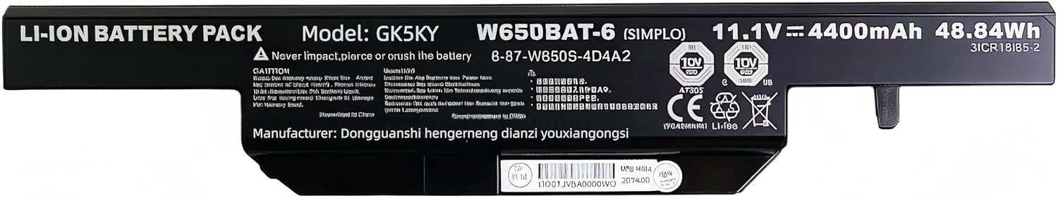 باتری 62.16Wh W650BAT-6 برای لپ‌تاپ‌های Clevo W650S W650SB W650SH W650SZ W651SC W655SF W655SJ W670SR Hasee K610C K650D K570N K710C K590C K750D W670SJQ W665SZ با عملکرد بالا