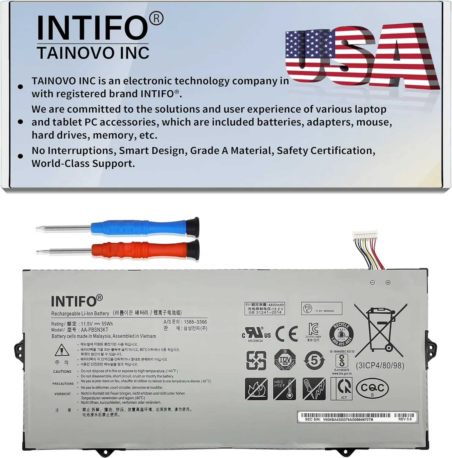 باتری لپ تاپ 55Wh AA-PBSN3KT سازگار با Samsung Notebook 7 NP730XBE-K01 NP730XBE-K02US NP730XBE-K04US NP730XBE-K05US NP930MBE-K01US NP930MBE-K03US [11.5V 4800mAh 3-Cell]