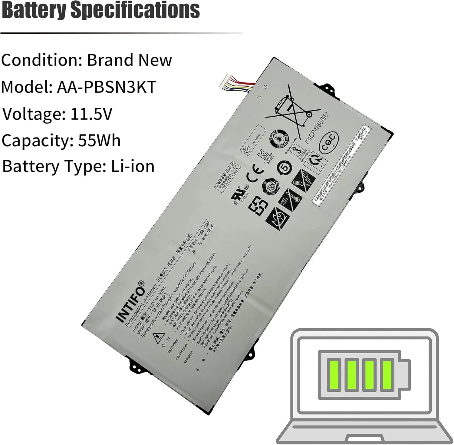 باتری لپ تاپ 55Wh AA-PBSN3KT سازگار با Samsung Notebook 7 NP730XBE-K01 NP730XBE-K02US NP730XBE-K04US NP730XBE-K05US NP930MBE-K01US NP930MBE-K03US [11.5V 4800mAh 3-Cell]