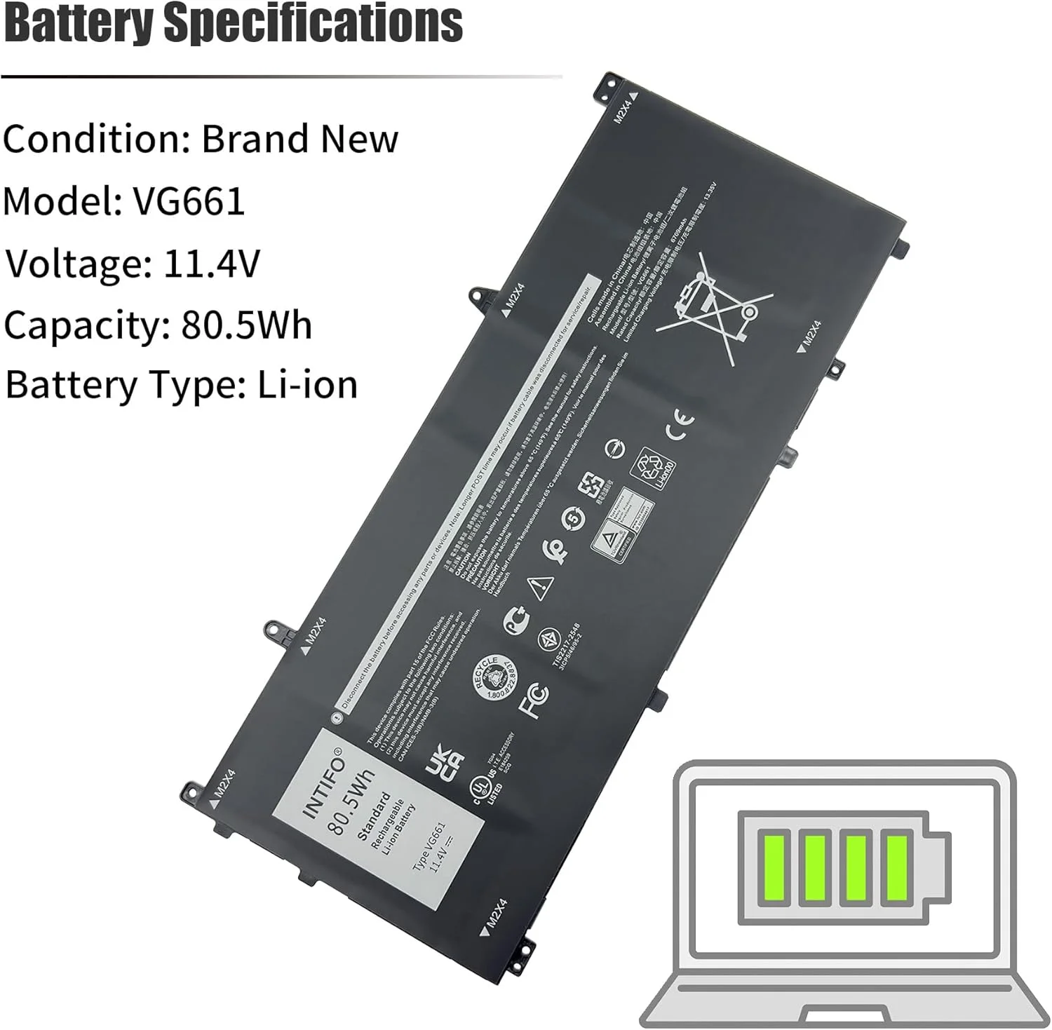 باتری لپ تاپ 80.5Wh VG661 سازگار با سری های Dell Alienware X14 R1 R2 مدل های 0GD3C9 GD3C9 0V4N84 V4N84 [11.4V 6709mAh 6 سلولی]