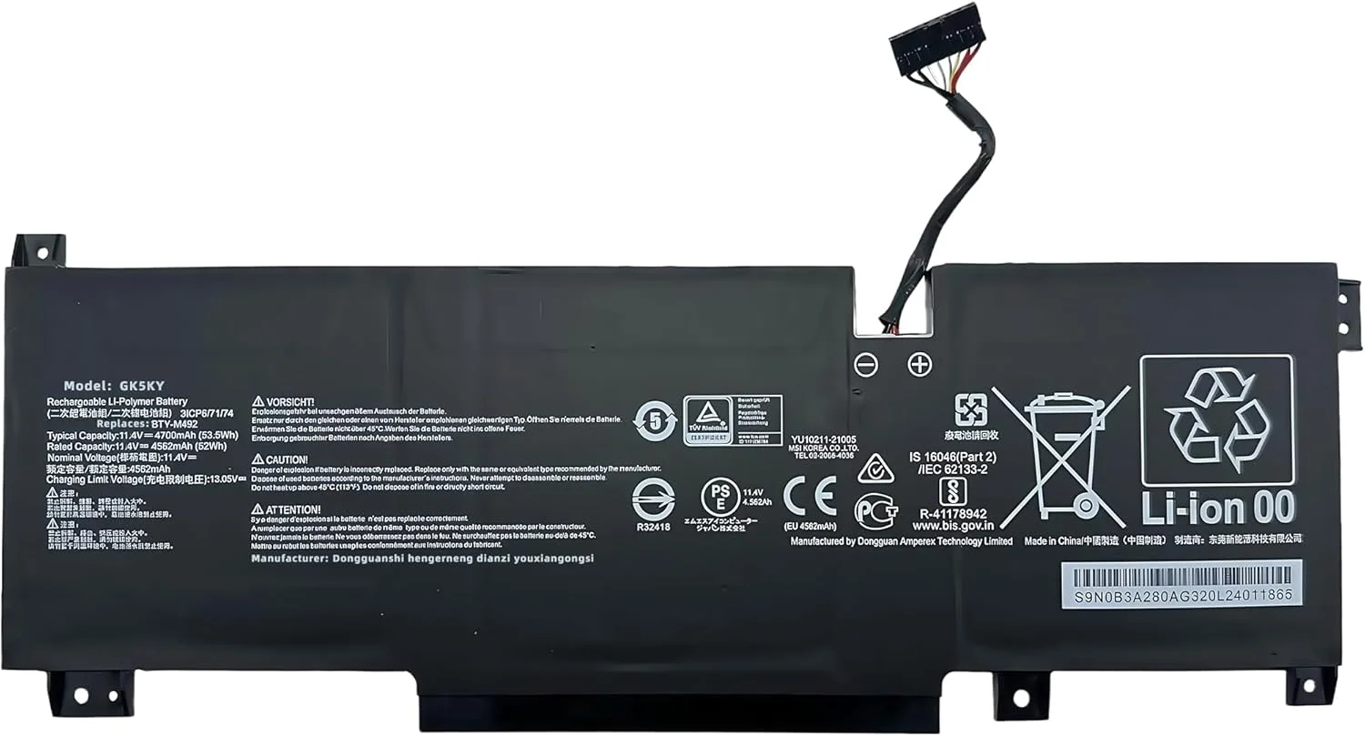 باتری لپ تاپ 53.5Wh BTY-M492 جایگزین برای MSI Katana GF66 12UGS 12UE GF76 11UC 11SC 15 B13VEK 17 B12VEK Crosshair 15 177A11UEK Pulse GL76 11UCK Pulse GL66 GL76 Cyborg 15 با عملکرد بالا باتری لپ تاپ 53.5Wh BTY-M492 جایگزین برای MSI Katana GF66 12UGS 12UE GF76 11UC 11SC 15 B13VEK 17 B12VEK Crosshair 15 177A11UEK Pulse GL76 11UCK Pulse GL66 GL76 Cyborg 15 با عملکرد بالا