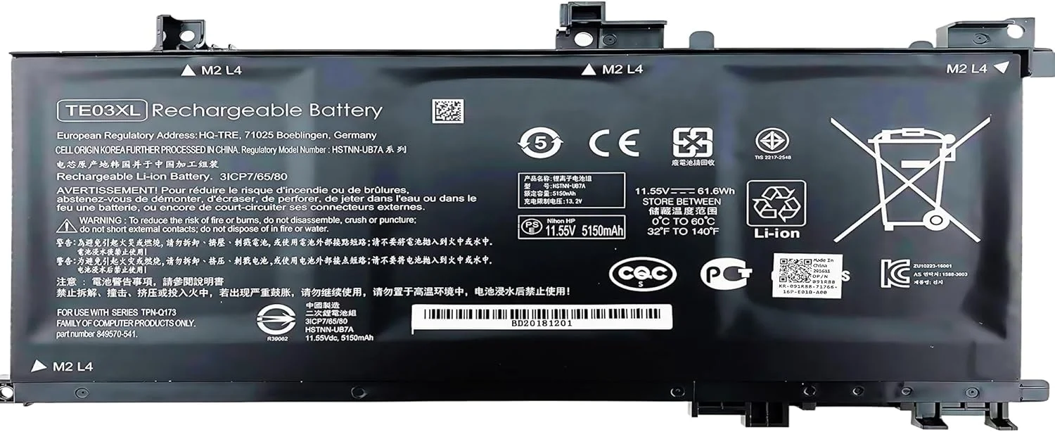 باتری 61.6Wh TE03XL مدل TE03061XL برای لپ تاپ های HP Omen 15-ax000:15-ax033dx 15-ax210nr 15-ax001ns; برای Pavilion 15-bc000:15-bc008tx و مدل های بیشتر 849910-850 849570-541 542 543 HSTNN-UB7A TPN-Q173 - عملکرد بالا باتری 61.6Wh TE03XL مدل TE03061XL برای لپ تاپ های HP Omen 15-ax000:15-ax033dx 15-ax210nr 15-ax001ns; برای Pavilion 15-bc000:15-bc008tx و مدل های بیشتر 849910-850 849570-541 542 543 HSTNN-UB7A TPN-Q173 - عملکرد بالا