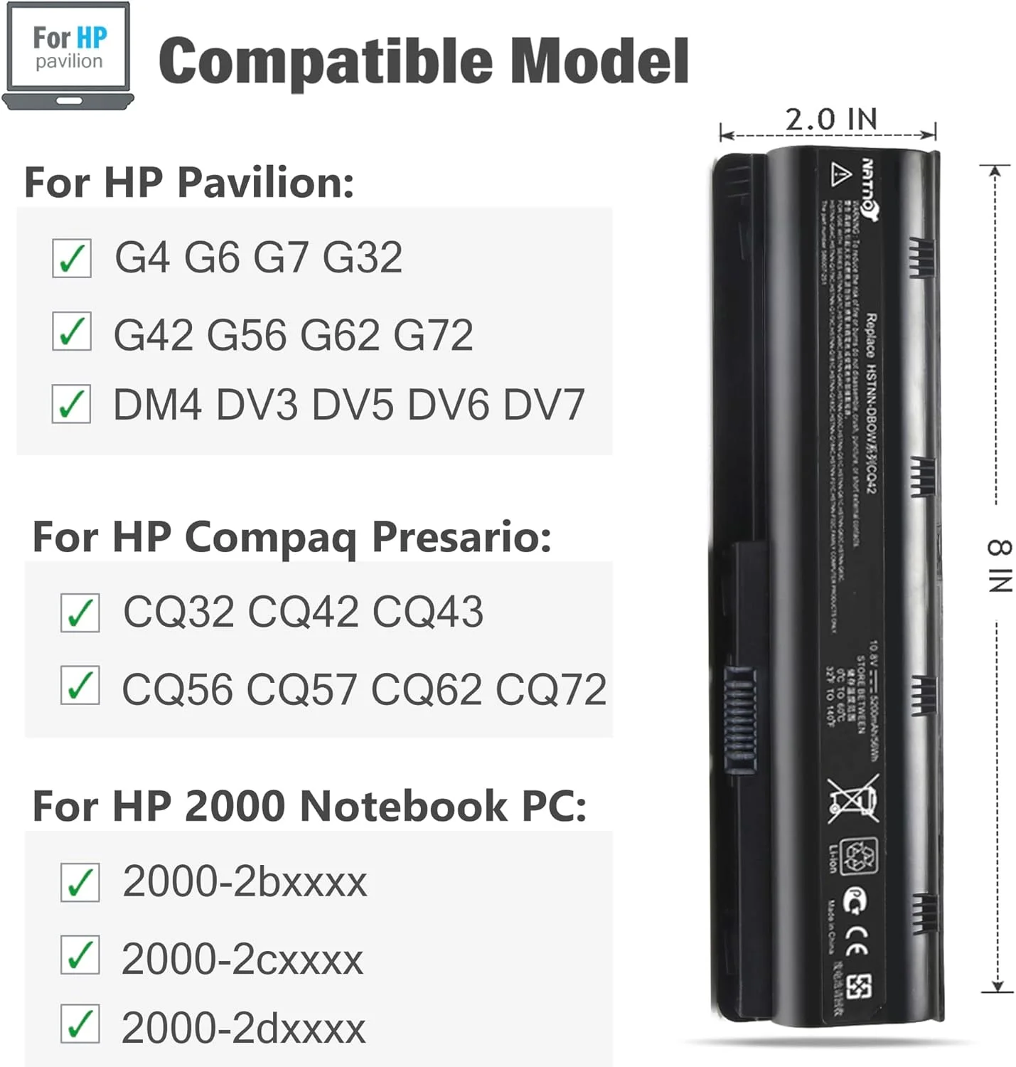 باتری لپ تاپ توسعه یافته 593553-001 593554-001 MU06 MU09 برای HP Pavilion G6 G7 G62 G72 G4 / 2000 Notebook PC / DV6 DV7 DM4 / Compaq Presario CQ32 CQ42 CQ43 CQ56 CQ57 CQ62 CQ72 [10.8V 5200mAh 6 سلول]