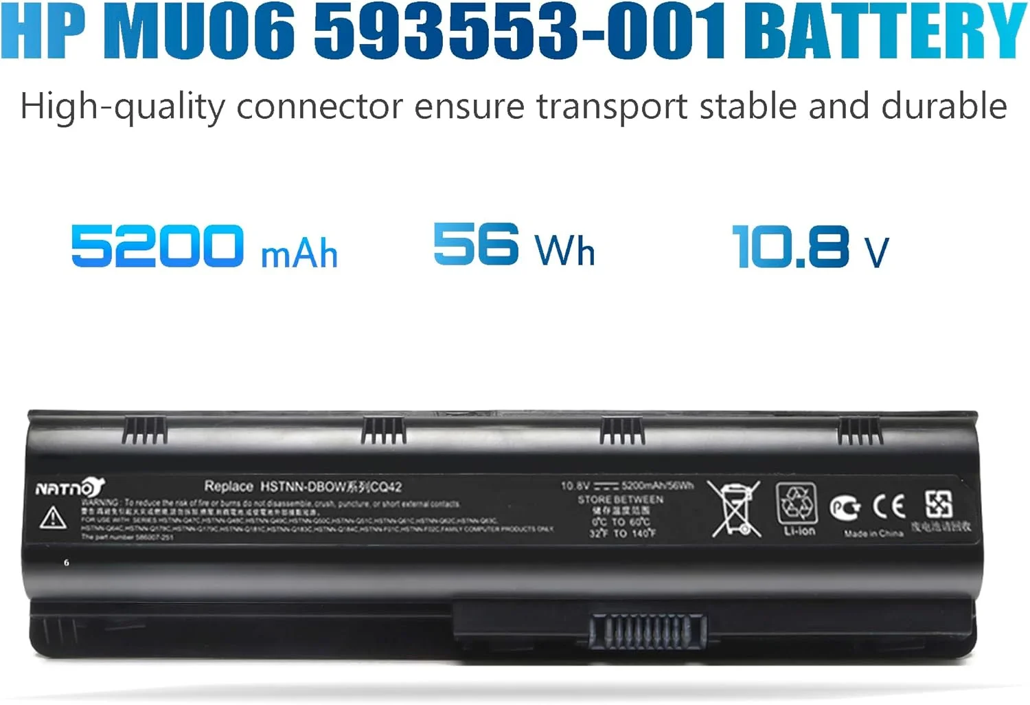 باتری لپ تاپ توسعه یافته 593553-001 593554-001 MU06 MU09 برای HP Pavilion G6 G7 G62 G72 G4 / 2000 Notebook PC / DV6 DV7 DM4 / Compaq Presario CQ32 CQ42 CQ43 CQ56 CQ57 CQ62 CQ72 [10.8V 5200mAh 6 سلول]