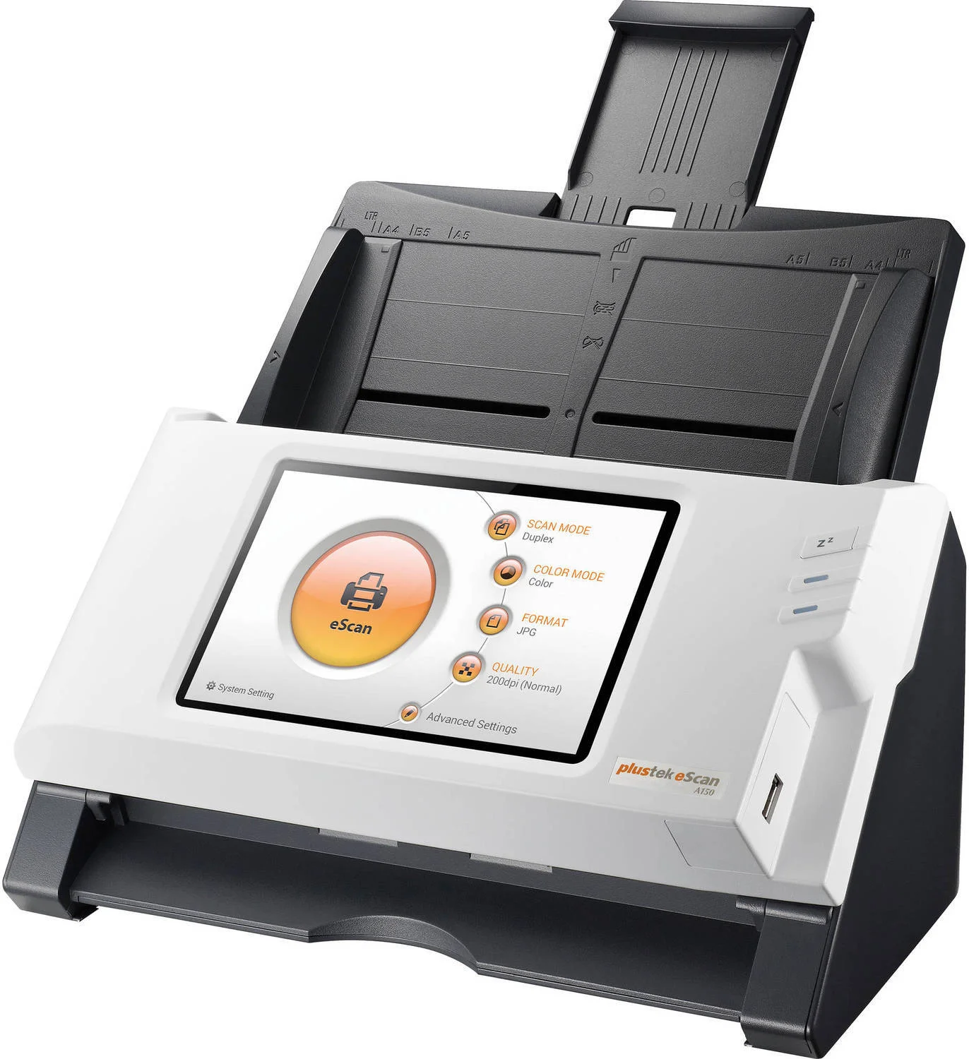 اسکنر Plustek eScan A150، رزولوشن اپتیکال 600 DPI، نمایشگر لمسی IPS LCD 7 اینچی، فیدر اتوماتیک اسناد 50 برگی، اتصال USB 2.0، اترنت و Wi-Fi، سفید / مشکی | A150