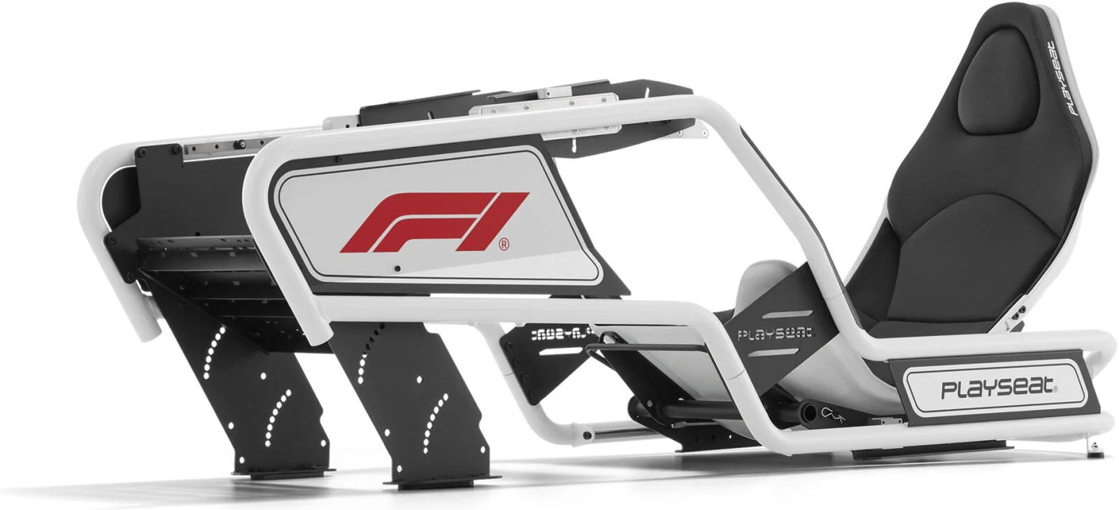 صندلی مسابقه ای فرمول اینتلیجنس پلی سیت F1، پایه نگهدارنده مانیتور یکپارچه، فناوری فورس لاک، حداکثر قد راننده 220 سانتی متر، حداکثر وزن راننده 120 کیلوگرم، روکش چرم PU مسابقه ای، سفید/مشکی | PFI.00332