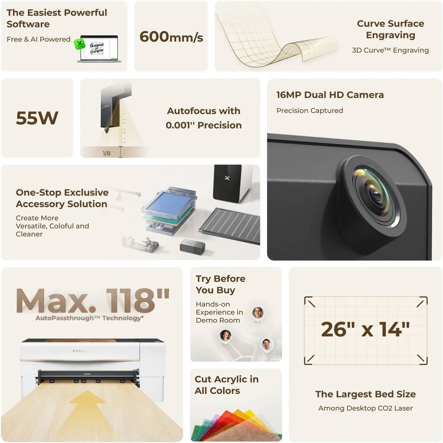 دستگاه برش لیزری CO2 رومیزی xTool P2S 55W، دوربین دوگانه، فوکوس خودکار، ناحیه کار 600 در 305 میلی متر، نرم افزار هوشمند، سازگاری با بیش از 300 ماده، طراحی از پیش مونتاژ شده برای چوب، اکریلیک، چرم، شیشه و موارد دیگر | P2S