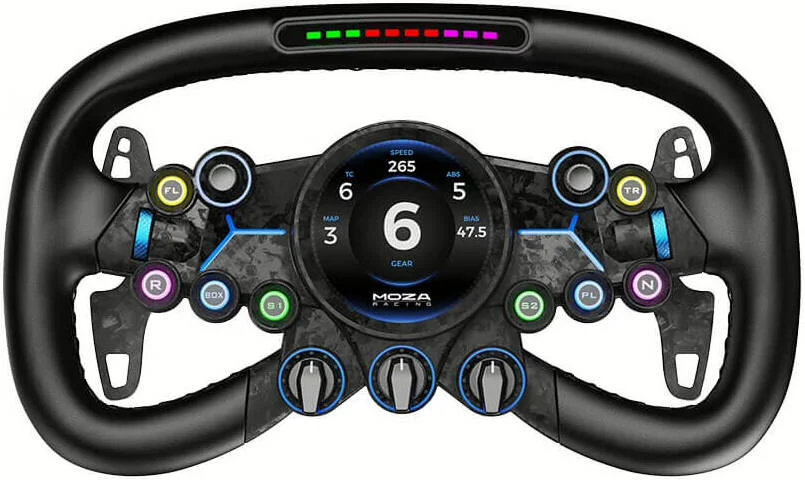 فرمان MOZA Vision GS، نمایشگر دایره‌ای با کیفیت بالا، نورپردازی RGB پویا، کنترل‌های ورودی دقیق، فناوری پیشرفته پدال، یکپارچه‌سازی تله‌متری، مشکی | Vision GS