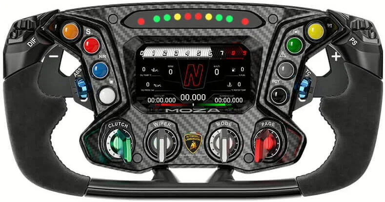فرمان مسابقه ای شبیه ساز MOZA Automobili Lamborghini Squadra Corse Essenza SCV12، نمایشگر لمسی LCD 4.3 اینچی، روکش چرم جیر، 72 ورودی قابل برنامه ریزی، اتصال سیمی، مشکی | Essenza-SCV12