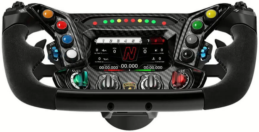 فرمان مسابقه ای شبیه ساز MOZA Automobili Lamborghini Squadra Corse Essenza SCV12، نمایشگر لمسی LCD 4.3 اینچی، روکش چرم جیر، 72 ورودی قابل برنامه ریزی، اتصال سیمی، مشکی | Essenza-SCV12