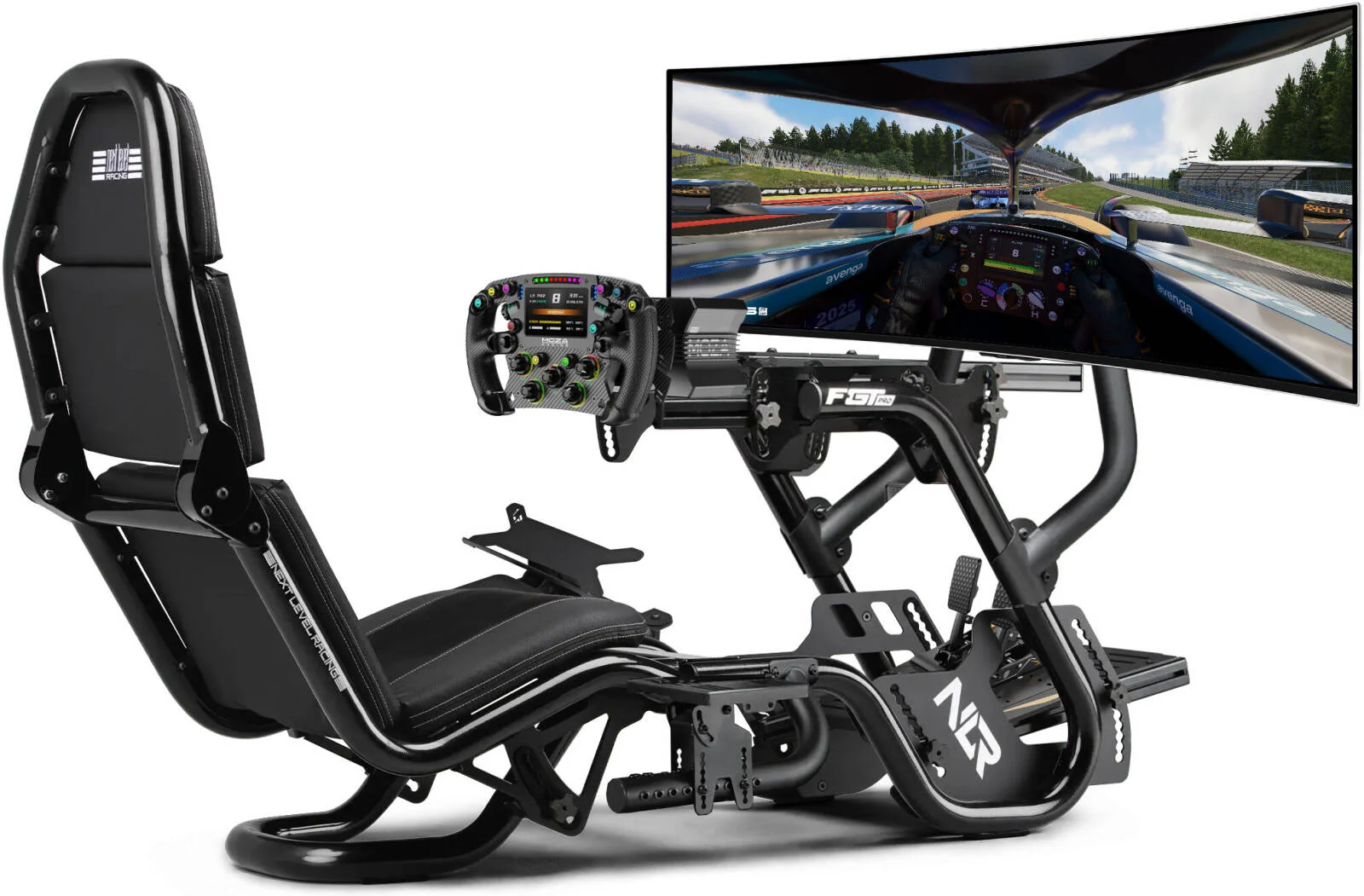 بسته شبیه ساز مسابقه فرمول یک MOZA Apex شامل پایه فرمان R12 V2، فرمان FSR2، پدال CRP2، صندلی مسابقه ای NLR F-GT Pro به همراه محل نصب دسته دنده، سینی کیبورد و نگهدارنده مانیتور، مانیتور 49 اینچ Samsung OLED G9 و زیرانداز سایز خیلی بزرگ