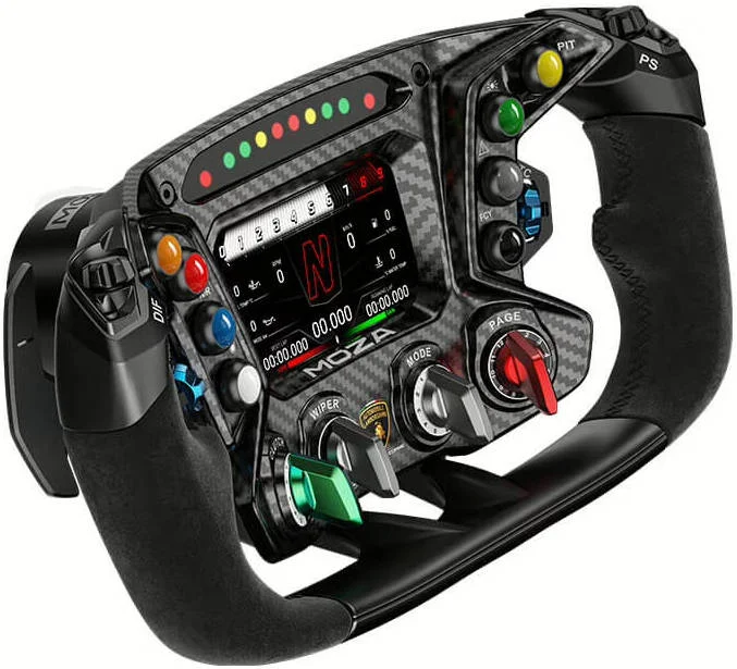 فرمان مسابقه ای شبیه ساز MOZA Automobili Lamborghini Squadra Corse Essenza SCV12، نمایشگر لمسی LCD 4.3 اینچی، روکش چرم جیر، 72 ورودی قابل برنامه ریزی، اتصال سیمی، مشکی | Essenza-SCV12