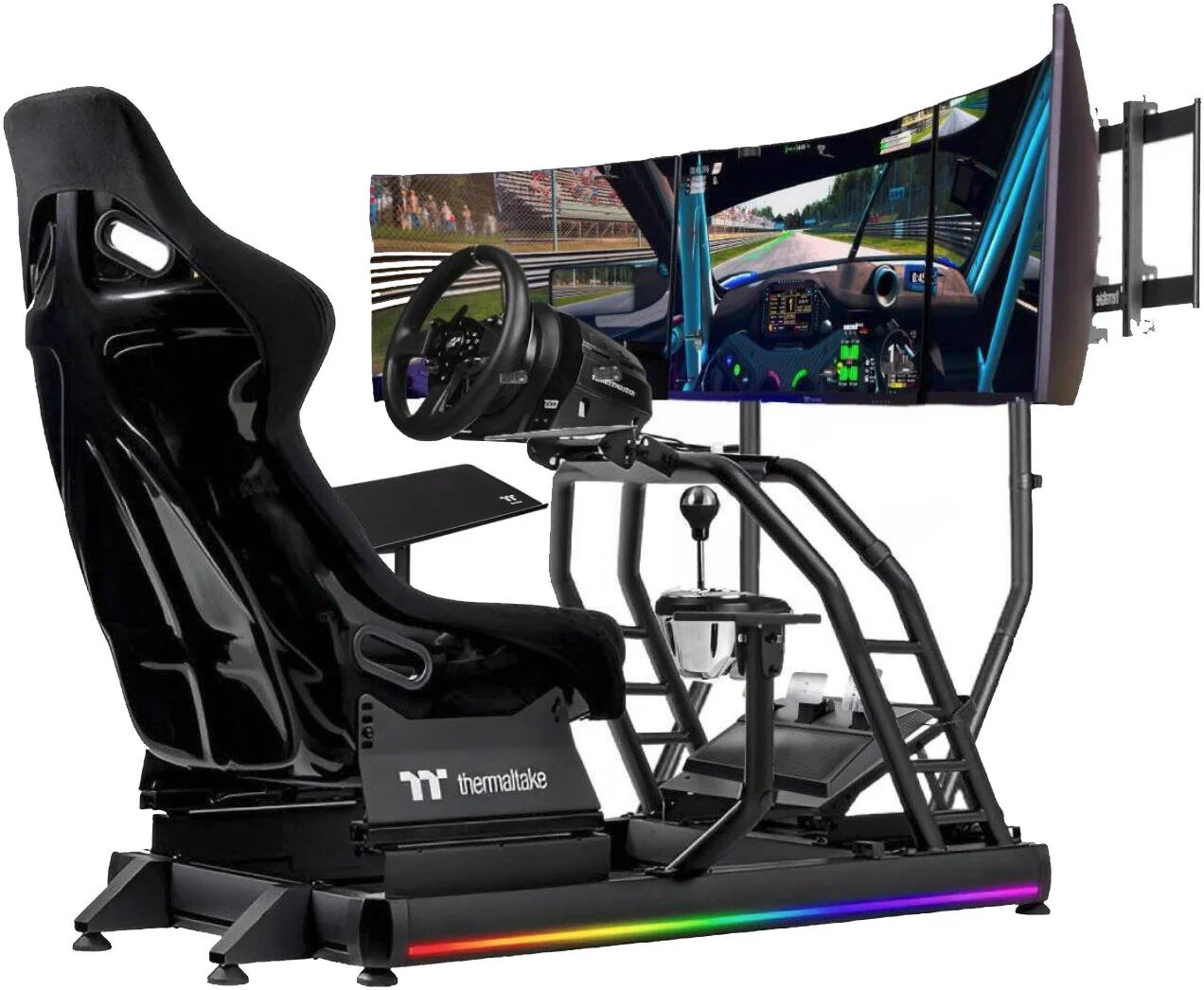مجموعه شبیه ساز مسابقه نیمه شب دریفت - کابین Thermaltake GR500، پایه نگهدارنده سه مانیتوره + سینی کیبورد، مانیتور TGM-V32CQ، فرمان مسابقه Thrustmaster T300 RS GT و دسته دنده TH8A