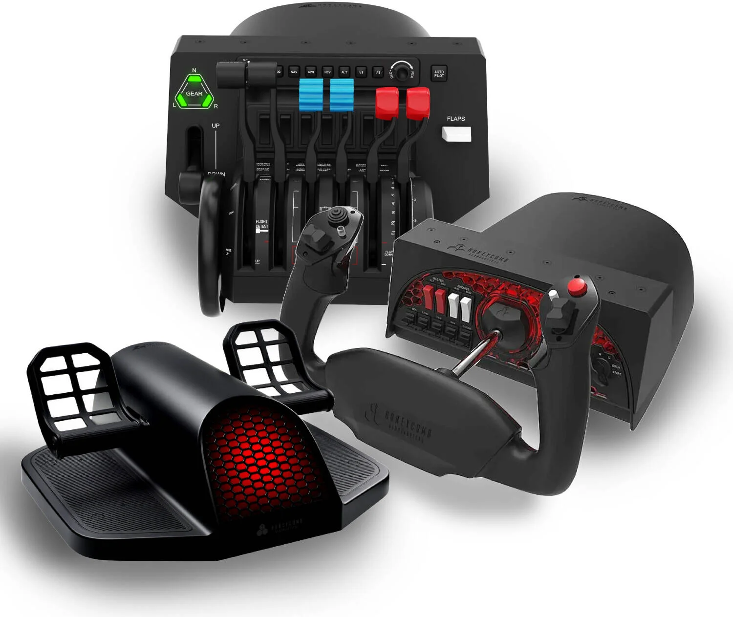 مجموعه دسته خلبانی آلفا و پنل سوییچ هانی‌کامب اروناتیکال + اهرم گاز براوو به همراه پدال‌های رادِر چارلی