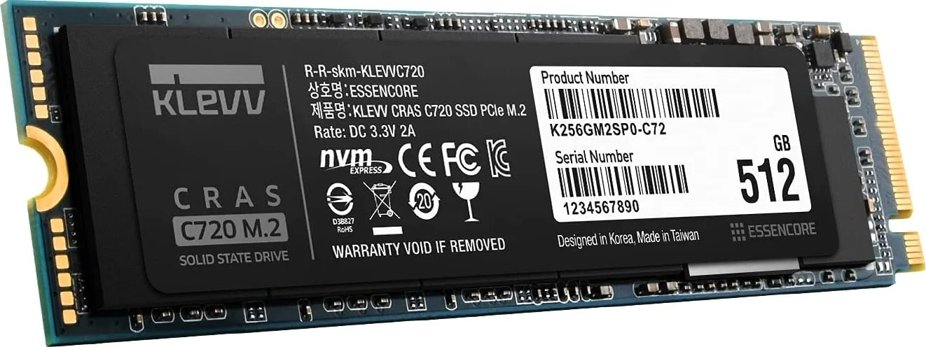 درایو حالت جامد داخلی Klevv Cras C720 M.2 NVMe، PCle Gen3 x4، 512 گیگابایت، 3D TLC NAND R/W، تا 3400 مگابایت بر ثانیه و 2400 مگابایت بر ثانیه | K512GM2SP0-C72
