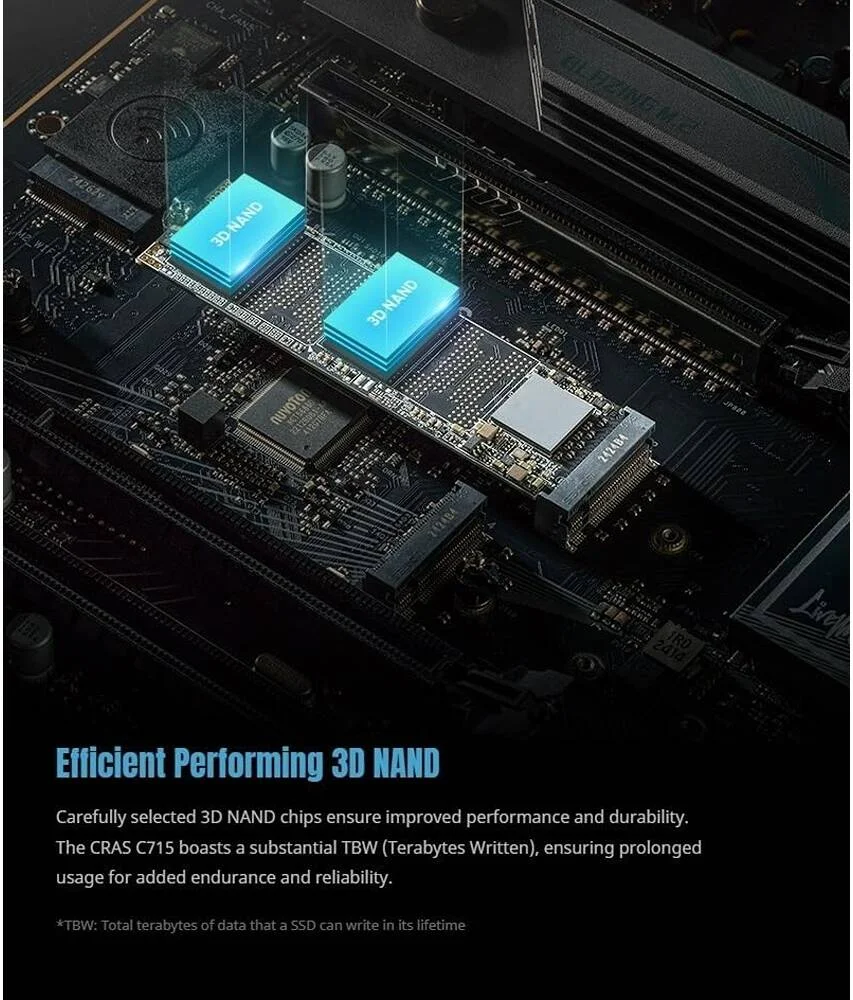 درایو حالت جامد داخلی Klevv Cras C715 M.2 NVMe PCIe Gen3x4، ظرفیت 512 گیگابایت، سرعت خواندن ترتیبی 3200 مگابایت بر ثانیه و سرعت نوشتن ترتیبی 2000 مگابایت بر ثانیه، استقامت 300 ترابایت نوشته شده، فلش 3D TLC NAND | K512GM2SP0-C7