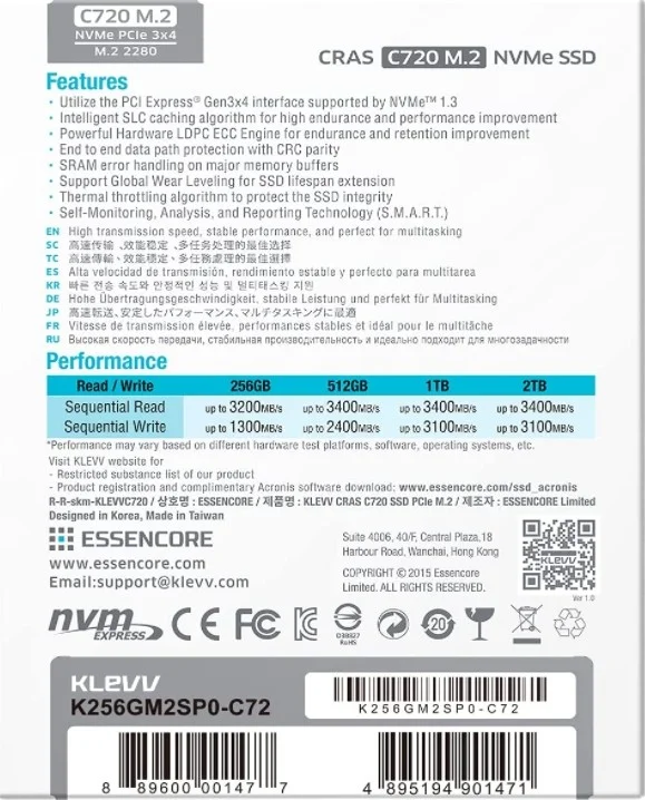 درایو حالت جامد داخلی Klevv Cras C720 M.2 NVMe، PCle Gen3 x4، یک ترابایت، 3D TLC Nand R/W، تا 3400 مگابایت بر ثانیه و 3100 مگابایت بر ثانیه | K01TBM2SP0-C72