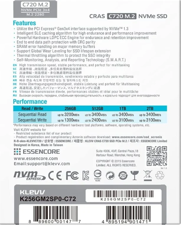 درایو حالت جامد داخلی Klevv Cras C720 M.2 NVMe، PCle Gen3 x4، 2 ترابایت، 3D TLC Nand R/W، تا 3400 مگابایت بر ثانیه و 3100 مگابایت بر ثانیه | K02TBM2SP0-C72 درایو حالت جامد داخلی Klevv Cras C720 M.2 NVMe، PCle Gen3 x4، 2 ترابایت، 3D TLC Nand R/W، تا 3400 مگابایت بر ثانیه و 3100 مگابایت بر ثانیه | K02TBM2SP0-C72