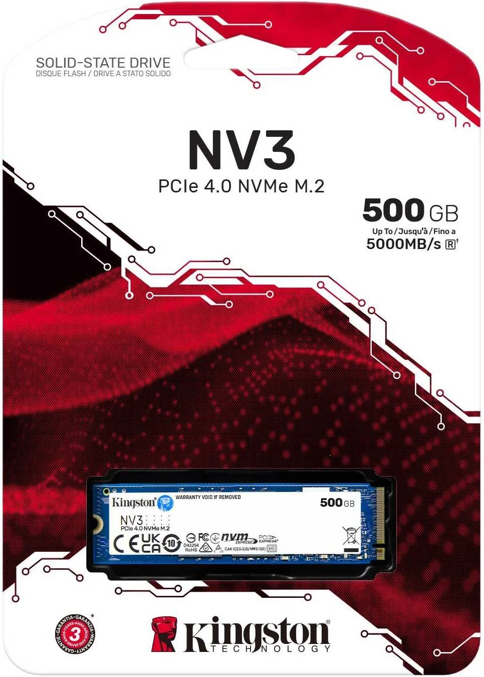 حافظه اس اس دی داخلی کینگستون NV3 PCIe 4.0 NVMe، ظرفیت 500 گیگابایت، فرم فاکتور M.2 2280، سرعت خواندن ترتیبی 5000 مگابایت بر ثانیه و سرعت نوشتن ترتیبی 3000 مگابایت بر ثانیه، فناوری 3D NAND، استقامت 160 ترابایت