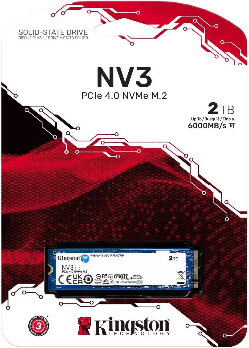 حافظه اس اس دی داخلی کینگستون NV3 PCIe 4.0 NVMe، ظرفیت 2 ترابایت، فرم فاکتور M.2 2280، سرعت خواندن ترتیبی 6000 مگابایت بر ثانیه و سرعت نوشتن ترتیبی 5000 مگابایت بر ثانیه، فناوری 3D NAND، استقامت 640 TBW | SNV3S/2000G