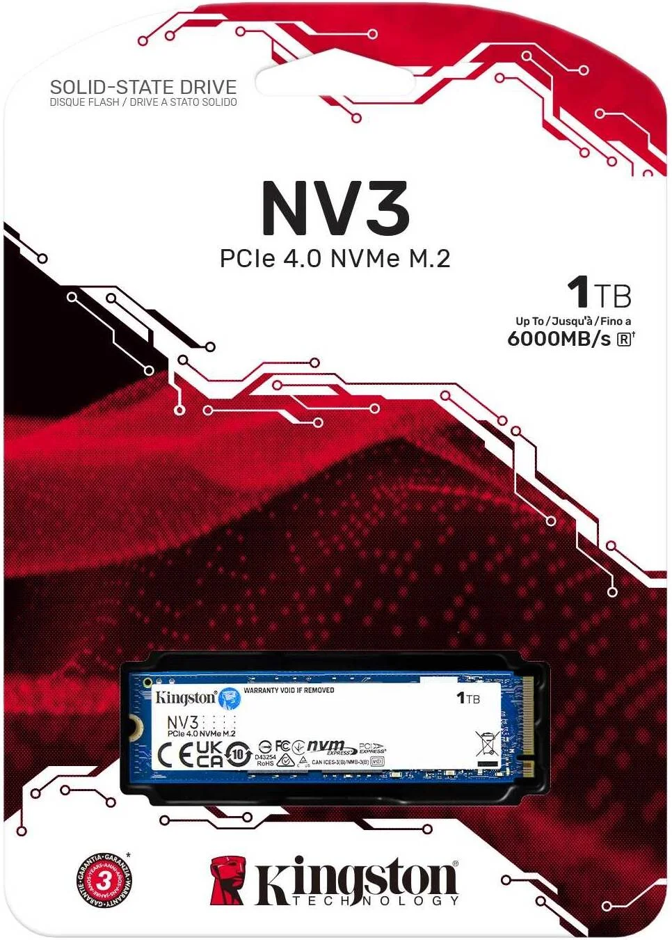 حافظه اس اس دی اینترنال کینگستون NV3 PCIe 4.0 NVMe، ظرفیت 1 ترابایت، فرم فاکتور M.2 2280، سرعت خواندن ترتیبی 6000 مگابایت بر ثانیه و سرعت نوشتن ترتیبی 4000 مگابایت بر ثانیه، فناوری 3D NAND، استقامت 320 ترابایت