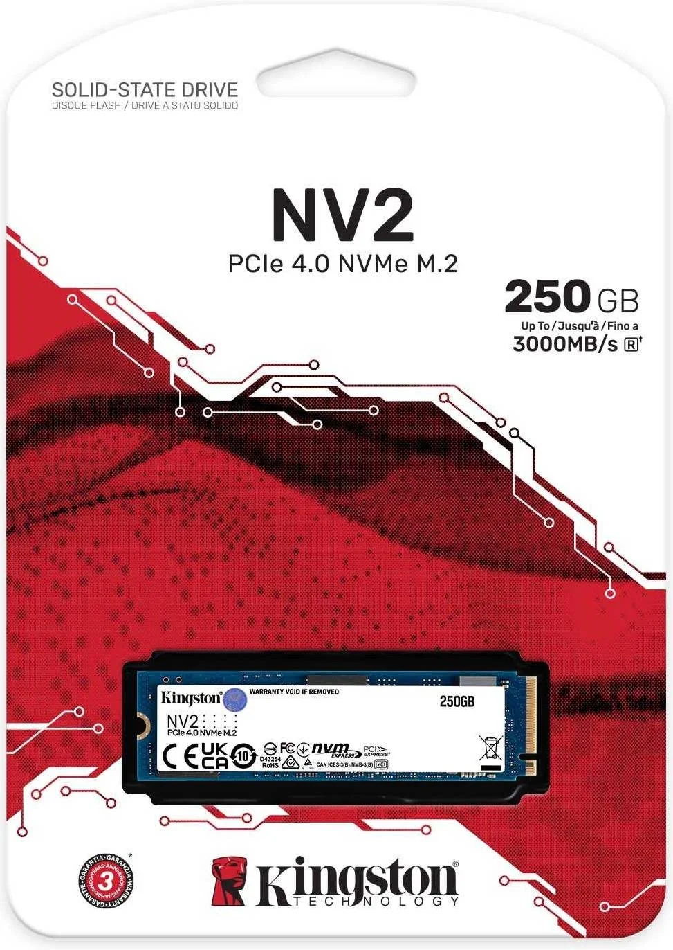 حافظه اس اس دی اینترنال کینگستون NV2 با ظرفیت 250 گیگابایت، فرم فاکتور M.2 2280 NVMe، سرعت خواندن تا 3000 مگابایت بر ثانیه و سرعت نوشتن 1300 مگابایت بر ثانیه، عملکرد Gen 4x4 NVMe PCIe، مقاومت در برابر لرزش 2.17G | SNV2S/250G