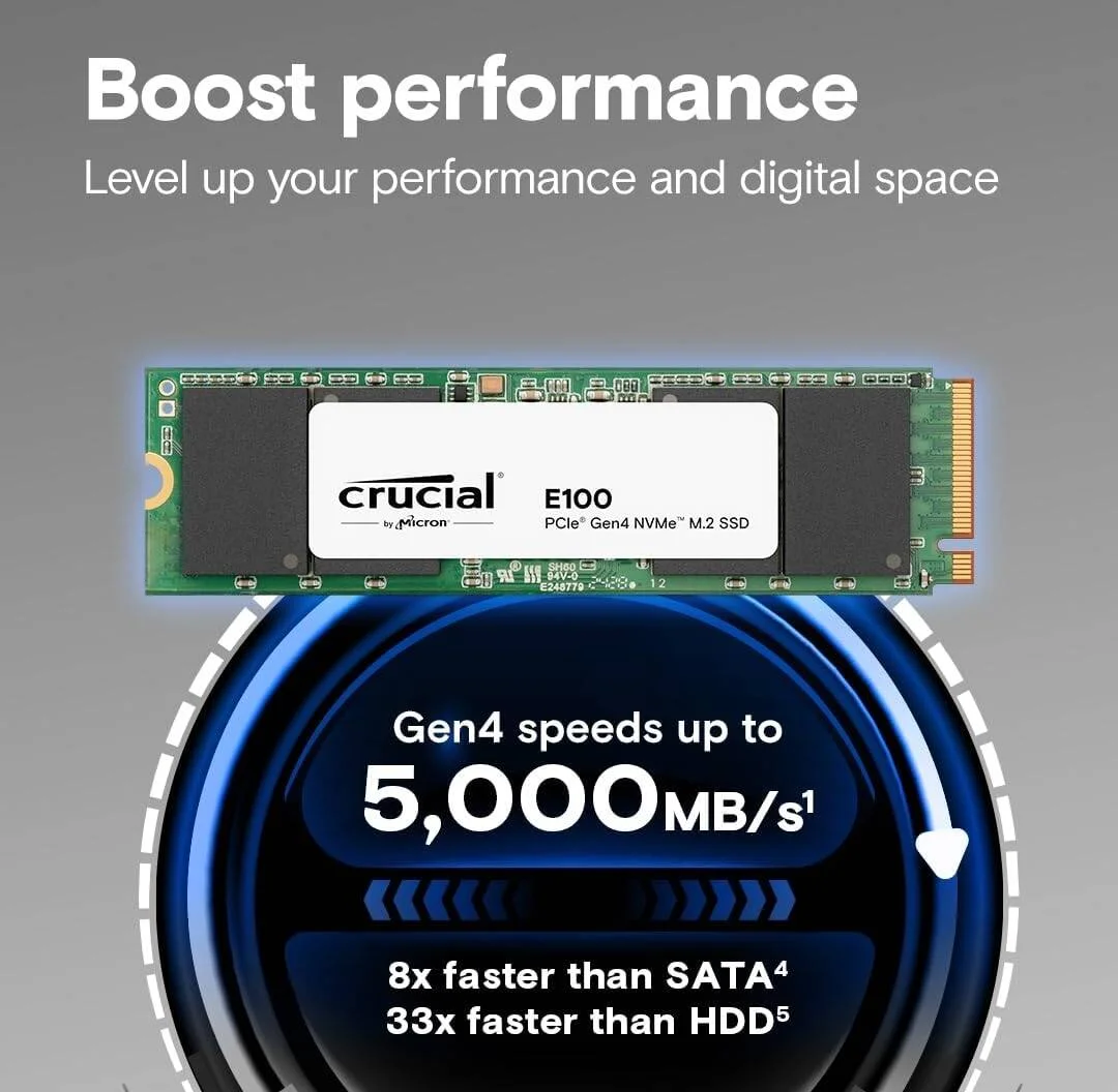 حافظه اس اس دی داخلی کروشیال E100 با ظرفیت 1 ترابایت، M.2 NVMe PCIe Gen4، سرعت تا 5,000 مگابایت بر ثانیه، سازگار با لپ تاپ و کامپیوتر، بادوام و قابل اعتماد | CT1000E100SSD8