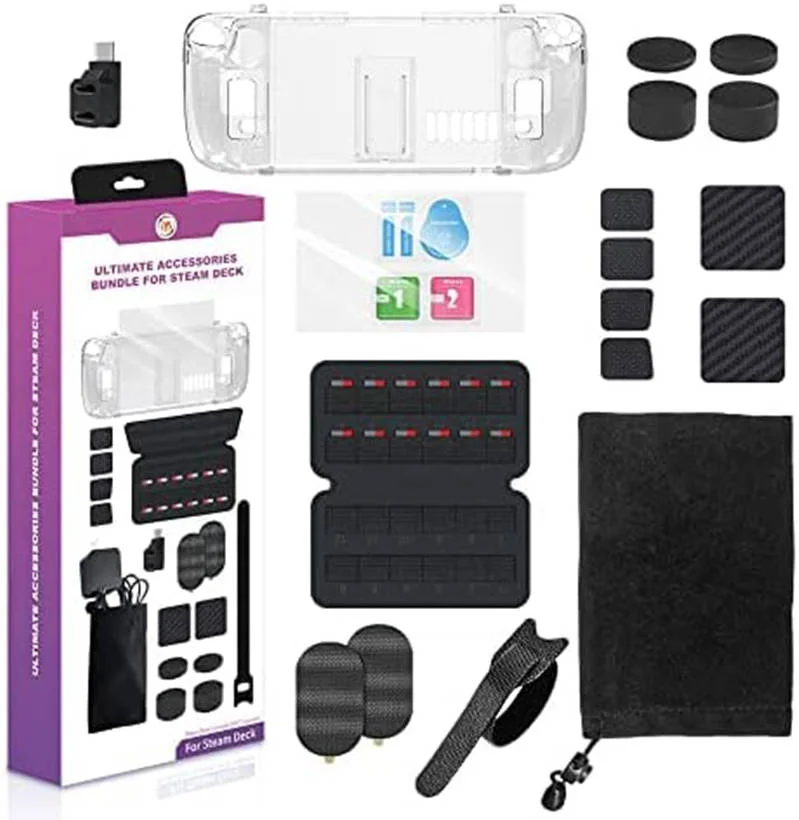 مجموعه لوازم جانبی استیم دک 19 در 1، شامل کیف محافظ ضد ضربه، محافظ صفحه نمایش، جعبه نگهداری کارت SD، آداپتور توسعه دهنده 90 درجه Type-C، روکش های استیک آنالوگ | B0BXCFCWQ2