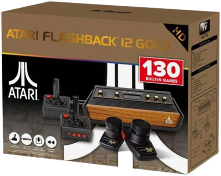 کنسول آتاری فلش‌بک 12 گلد ادیشن، دارای 130 بازی کلاسیک داخلی، همراه با 2 جوی‌استیک سیمی، تغذیه از طریق میکرو USB، طلایی | AR3080B