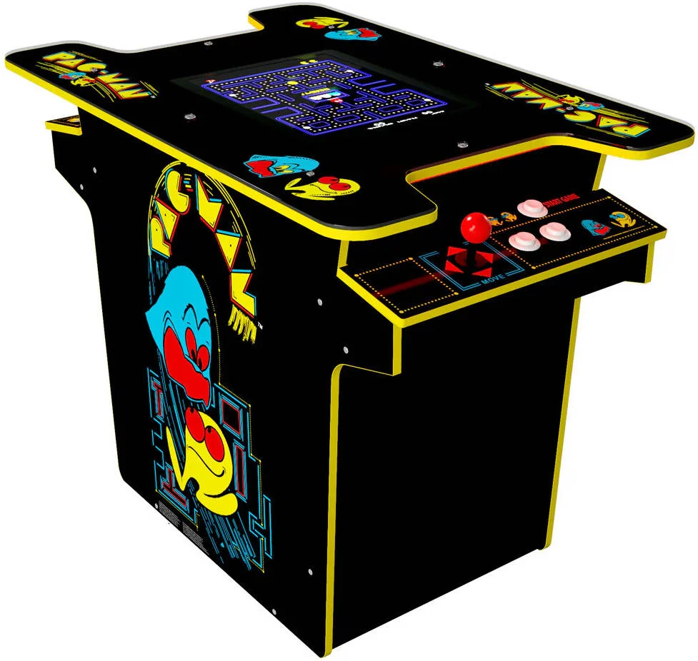 میز آرکید رو در رو Pac-Man از Arcade1Up، صفحه نمایش رنگی 17 اینچی LCD، دو پنل کنترل، 1 بلندگو در هر طرف، 2 محافظ عرشه شفاف، سطح بالایی محافظ شفاف، تنظیم صدا | A1UP-PMHTHT